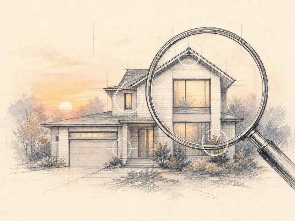A sketched home being carefully inspected through a magnifying glass