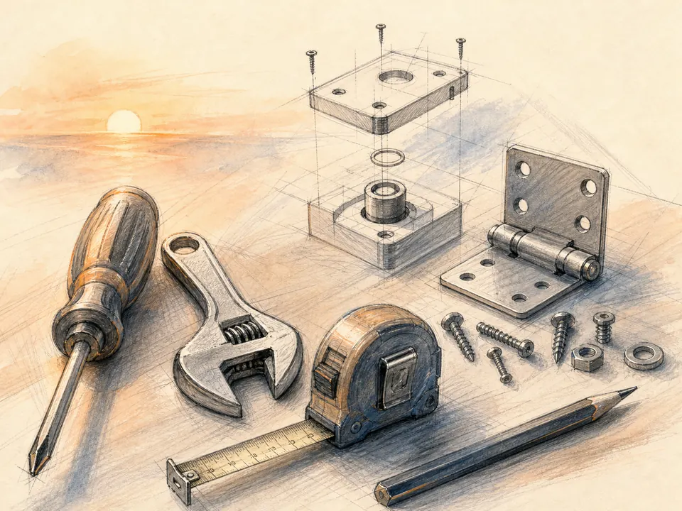 A sketched set of universal repair tools and components